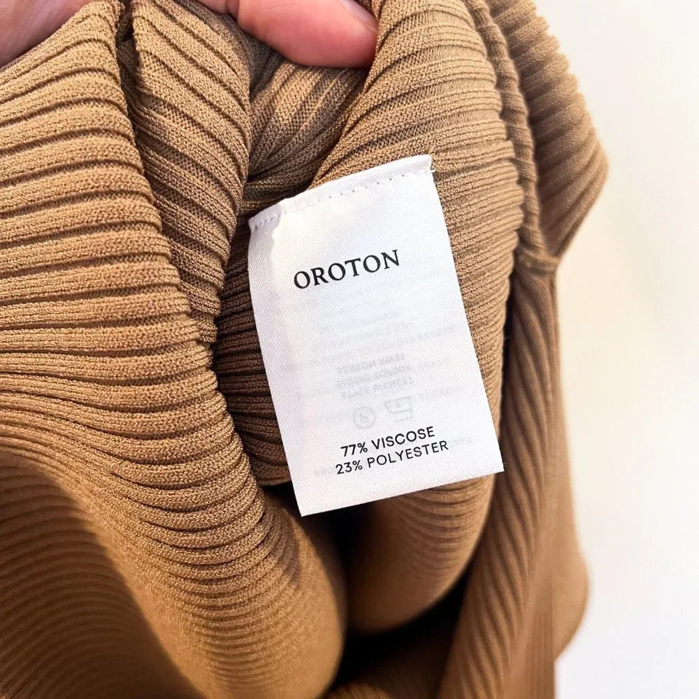 Oroton Tan One Sleeve Asymmetric Knit Stretchy Designer Midi Dress Medium Nwt — image 7 of 8